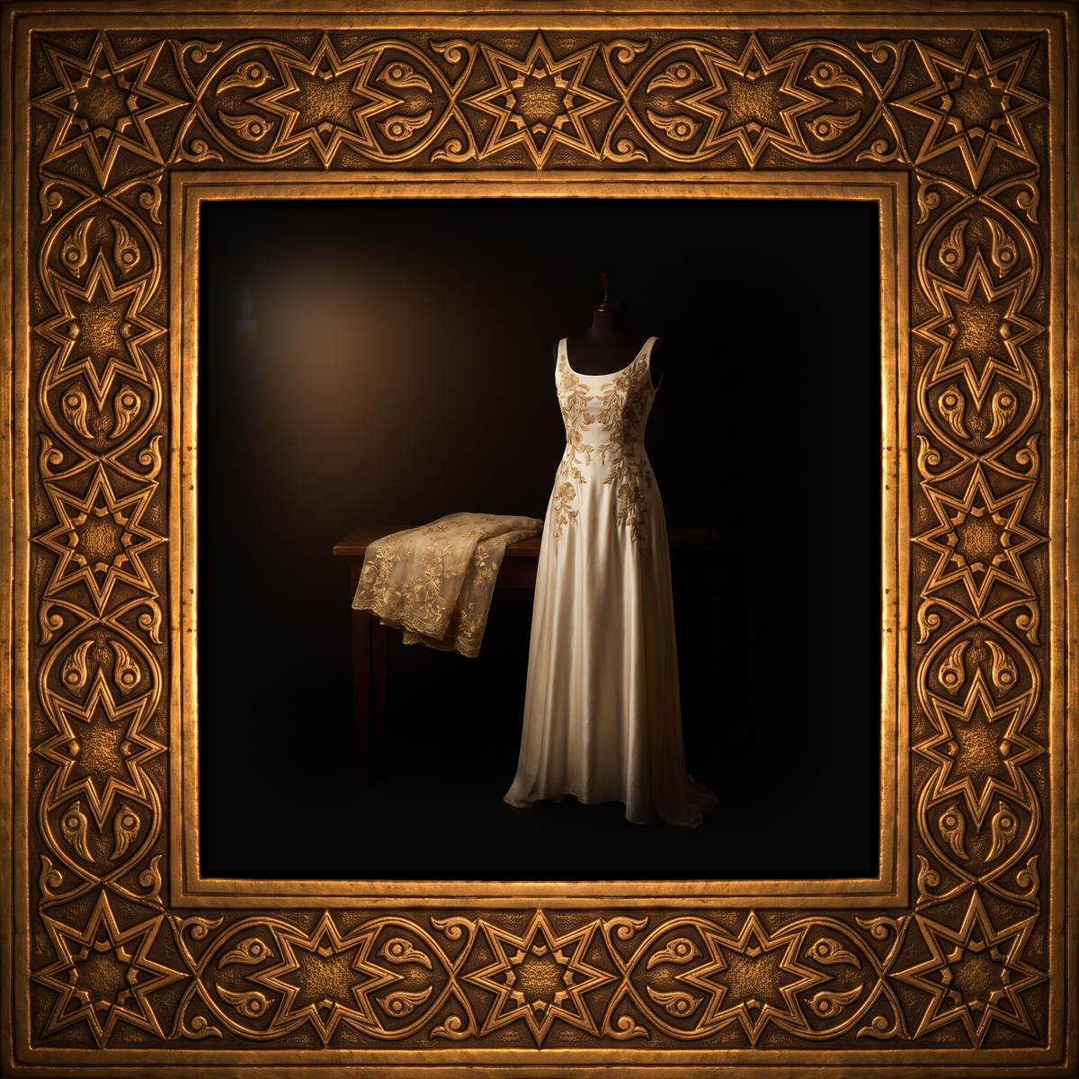 Abendkleid in goldenem Arabesken-Rahmen