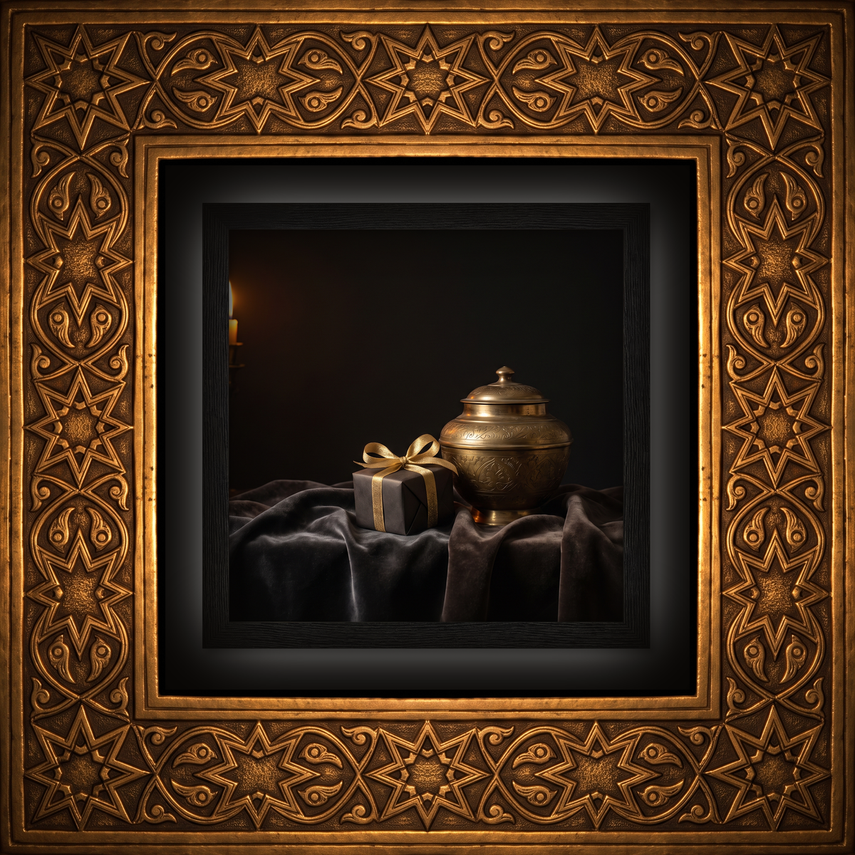 Geschenke in goldenem Arabesken-Rahmen