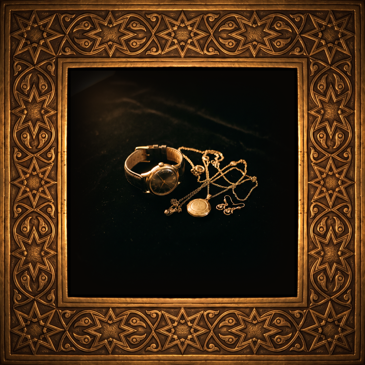 Uhren und Schmuck in goldenem Arabesken-Rahmen