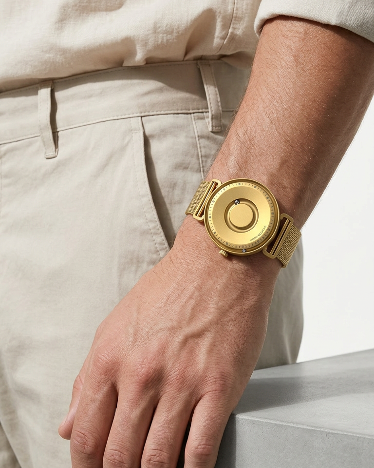 Armbanduhr Magneto Watch Fusion Gold Milanaise Edelstahl goldfarben Magnetkugeln